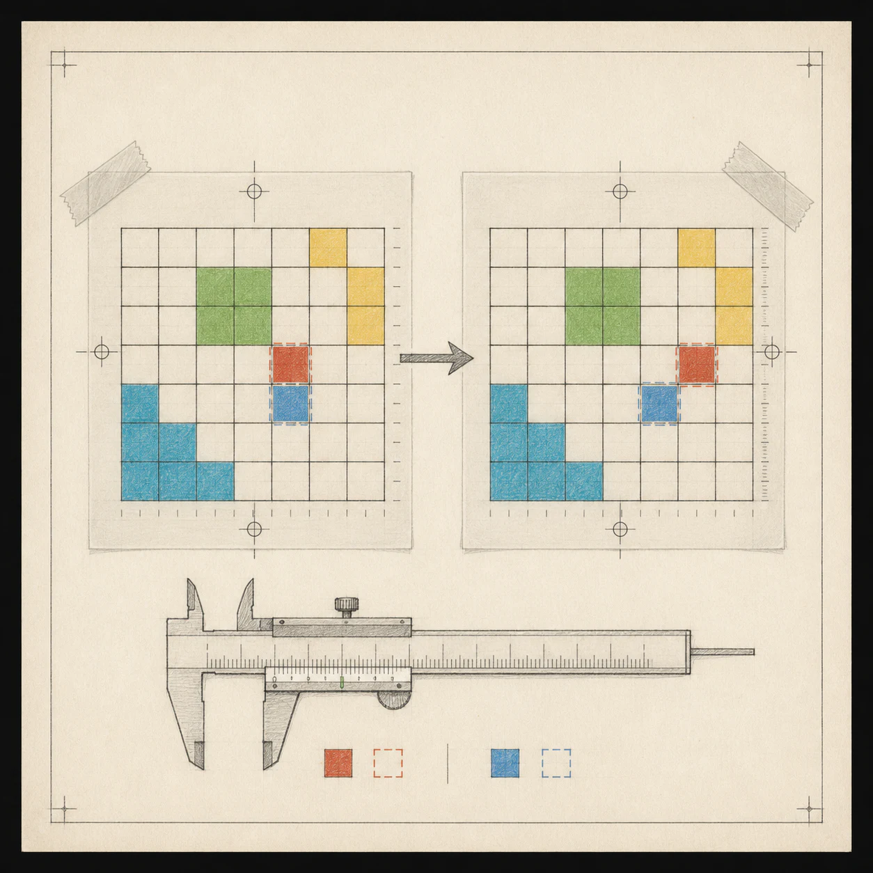 Before and after puzzle grids compared with a caliper