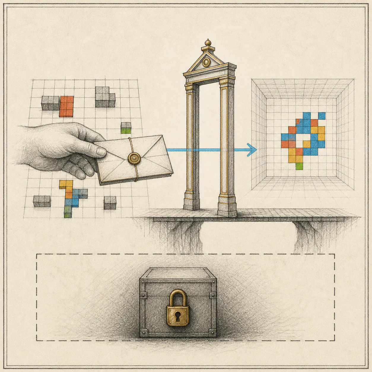 Sealed evidence packet moving through an official frame toward a pixel grid