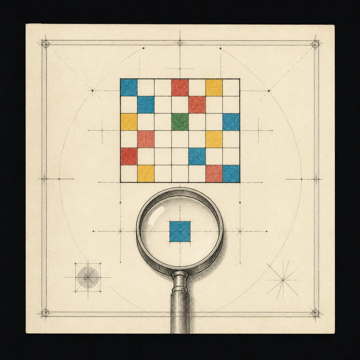 Technical paper plate showing a colored grid examined through a magnifying glass