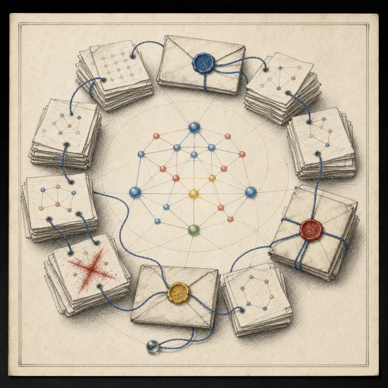 Replay receipts joined by blue threads around a memory graph