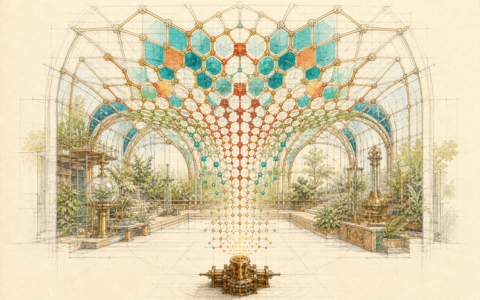 A mechanical rule seed unfolding into a vast computational conservatory