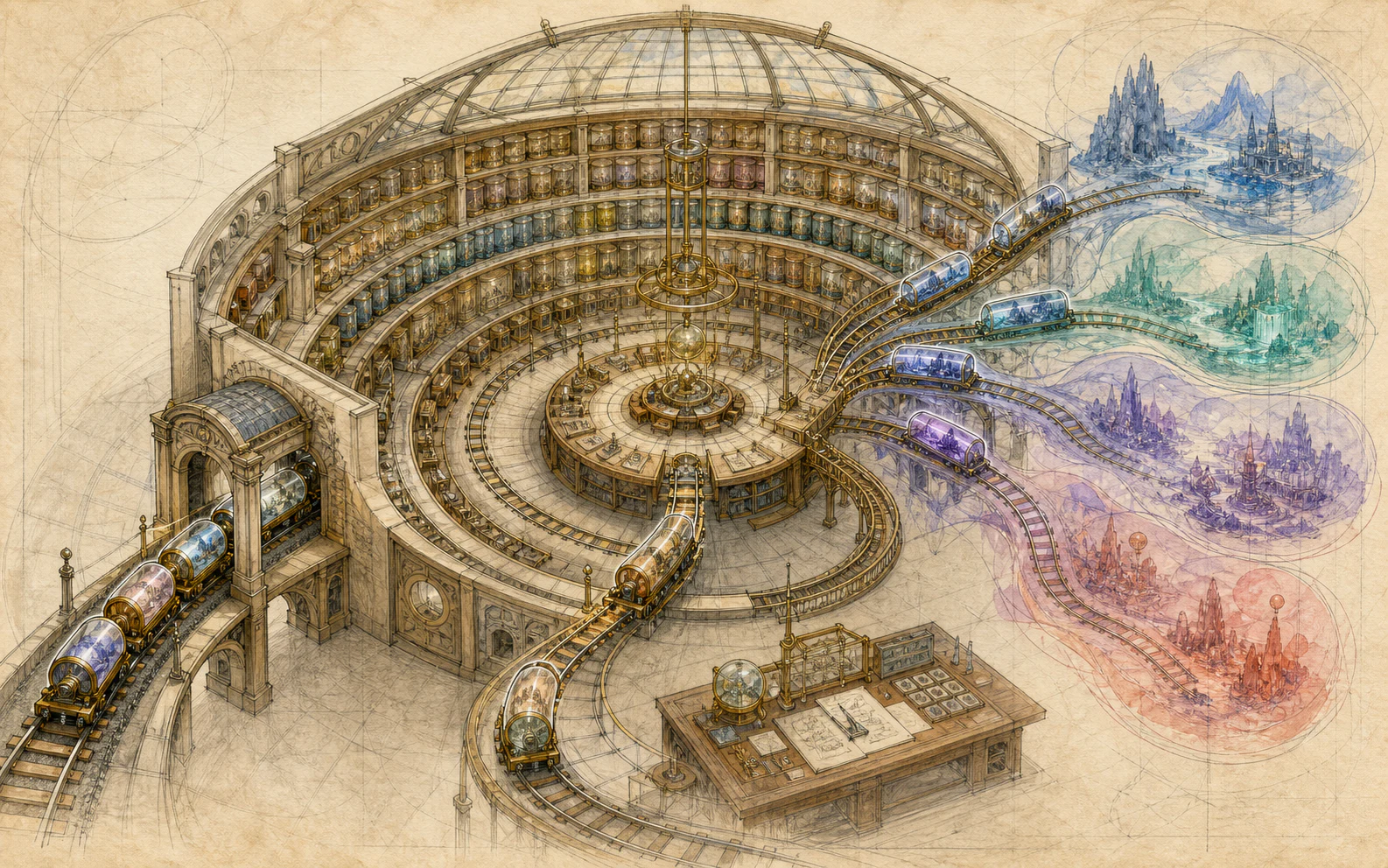 A circular memory archive sending replay capsules into imagined futures