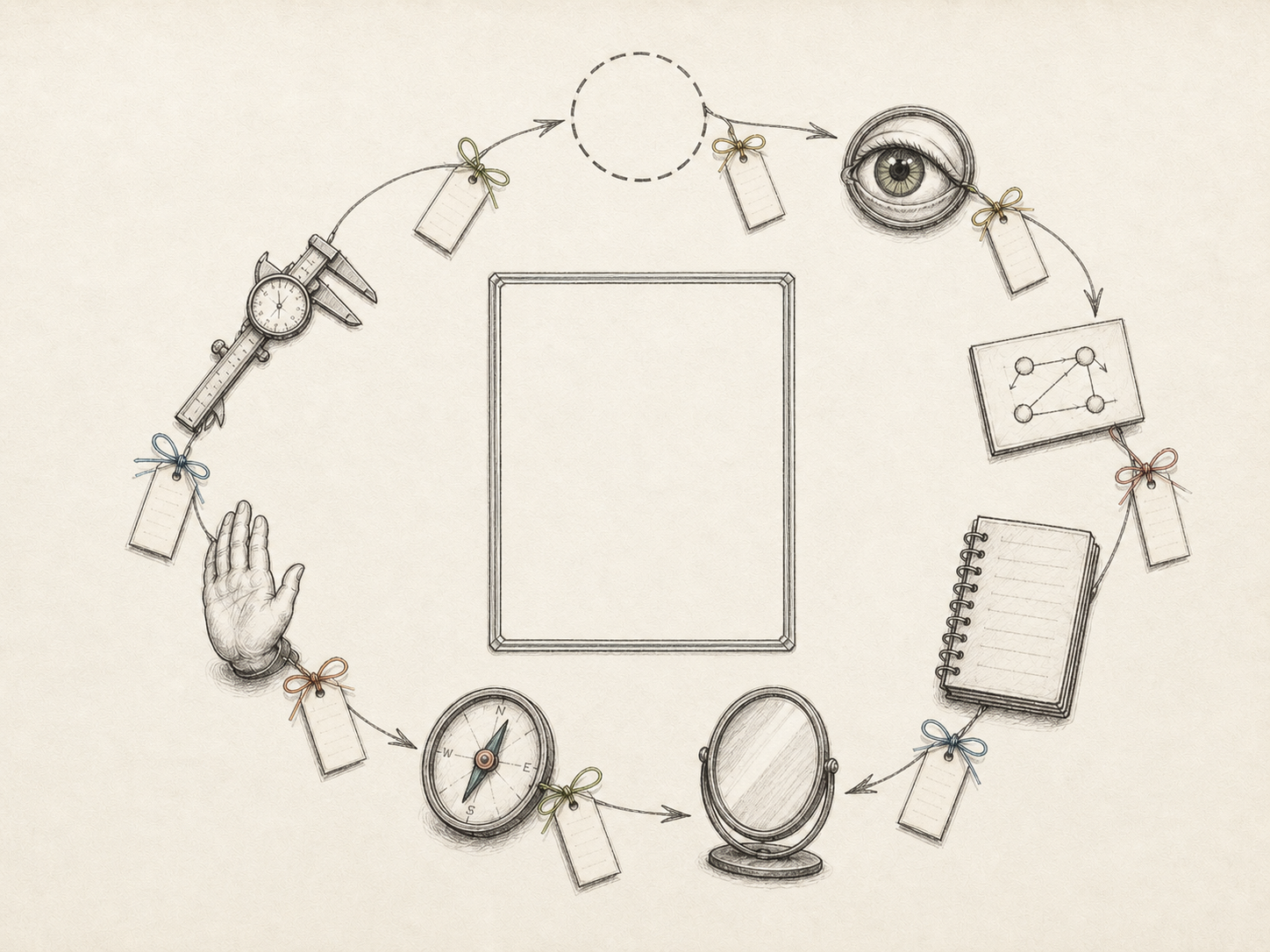 The original Glass Mind illustrated sheet with eight reasoning instruments around a central mirror