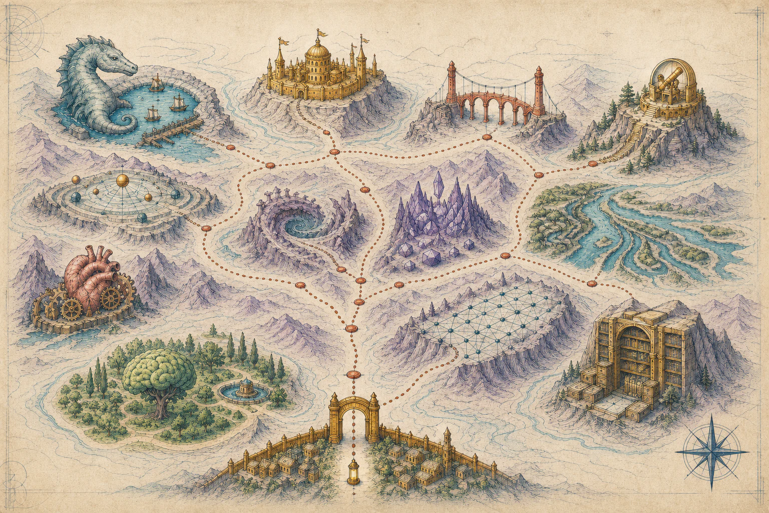 A colour technical-paper atlas with the City gate, twelve research territories, and dotted routes through a conceptual landscape