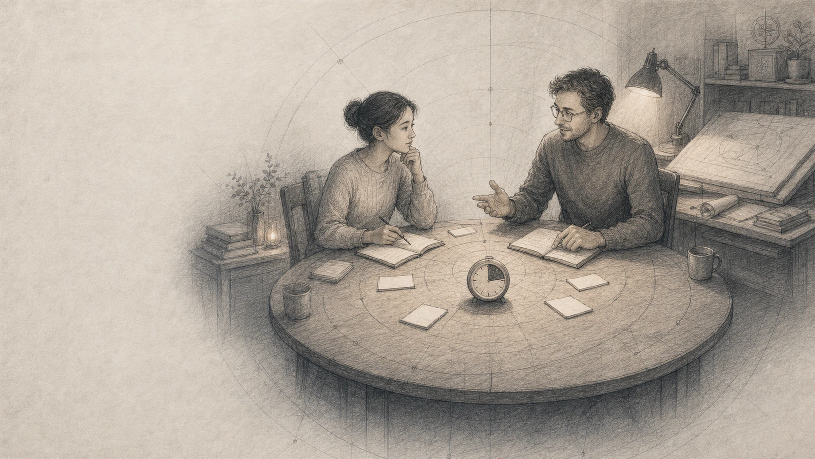 A learner and mentor working together at a round table in a hand-drawn atelier