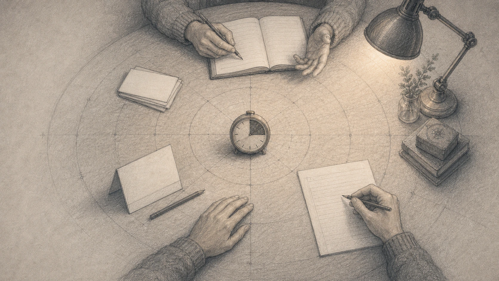 A top-down graphite drawing of a 25-minute lesson loop with cards, notebooks, a timer, and a receipt
