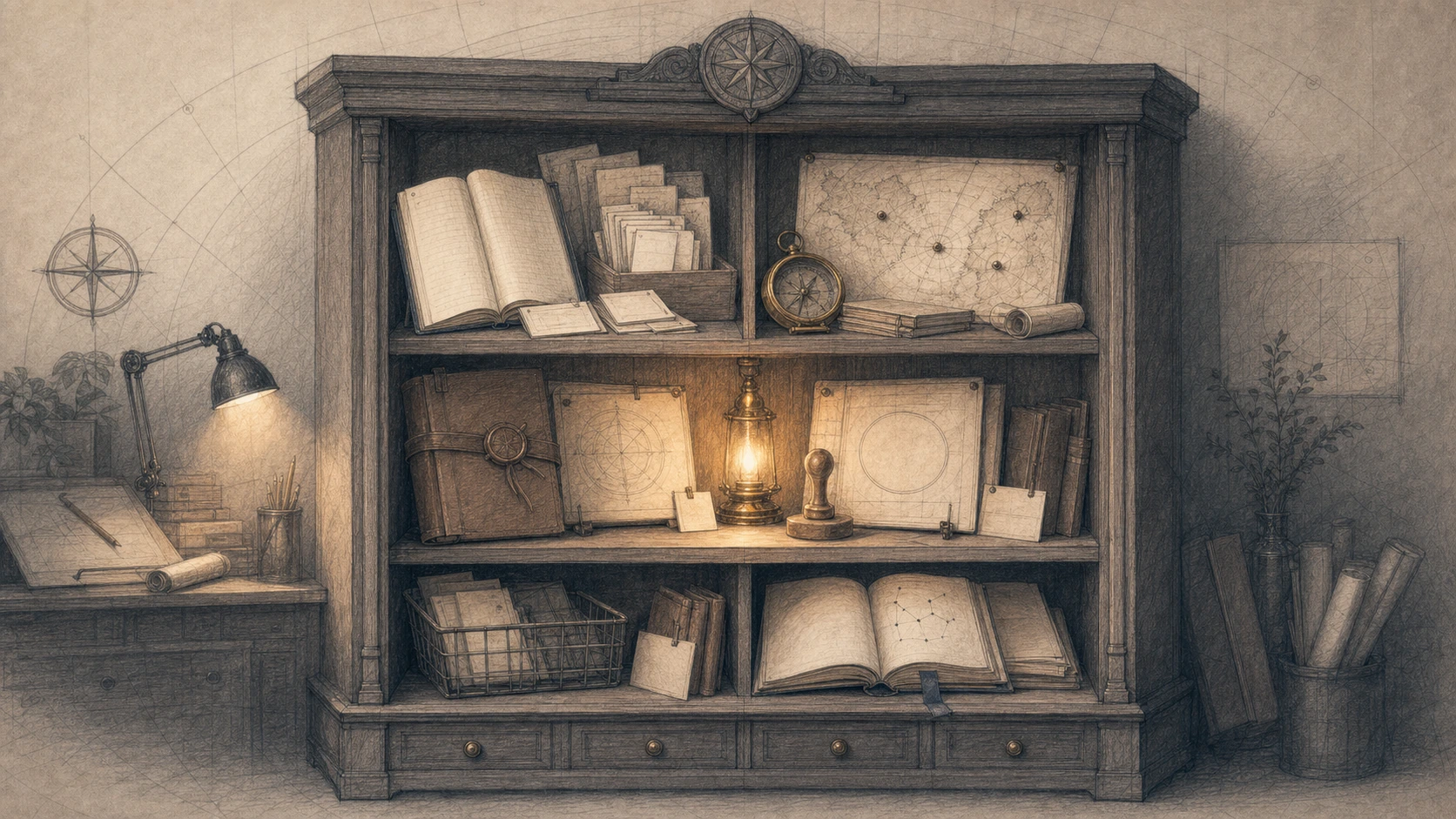 A graphite cabinet holding the language, orientation, challenge, and story practices of the mentor society