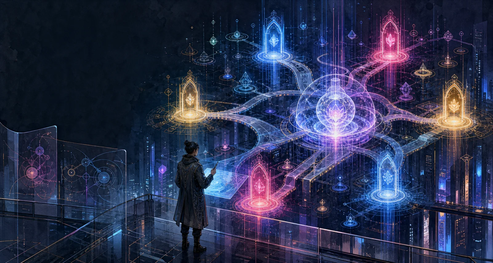 Cyberpunk campaign map with six glowing progression gates and branching paths