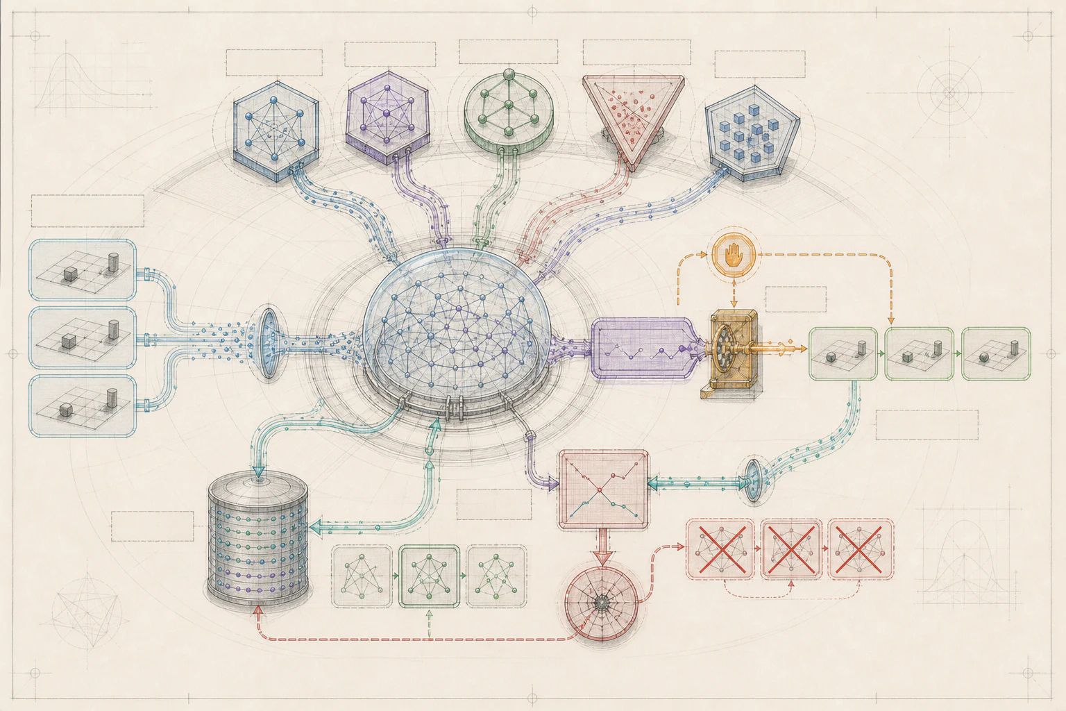 Technical paper diagram of a distributed multi-agent system with observation frames, specialist models, an operational self-model, prediction ticket, deterministic motor gate, embodied turns, afterstate comparator, falsified strategies, abstention branch, and durable causal memory